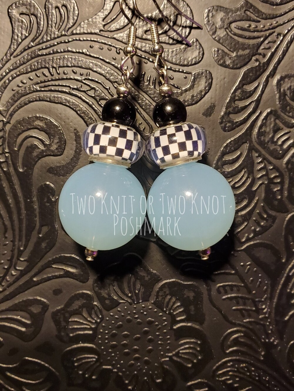 ⭐️ HANDMADE CHUNKY 20MM RETRO CHECKERED STATEMENT EARRINGS - LIGHT BLUE